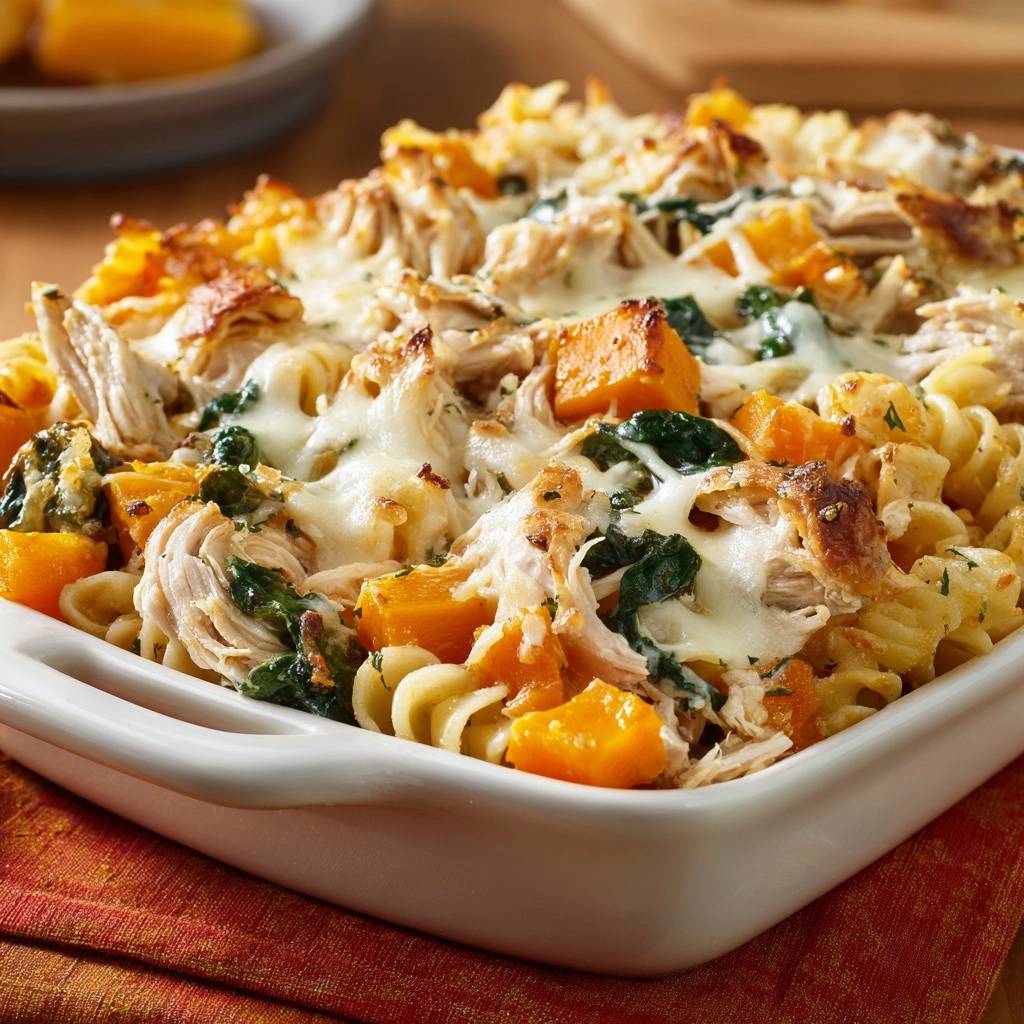 Cheesy butternut squash chicken pasta bake with a close-up view of the bubbly, golden-brown melted cheese topping.