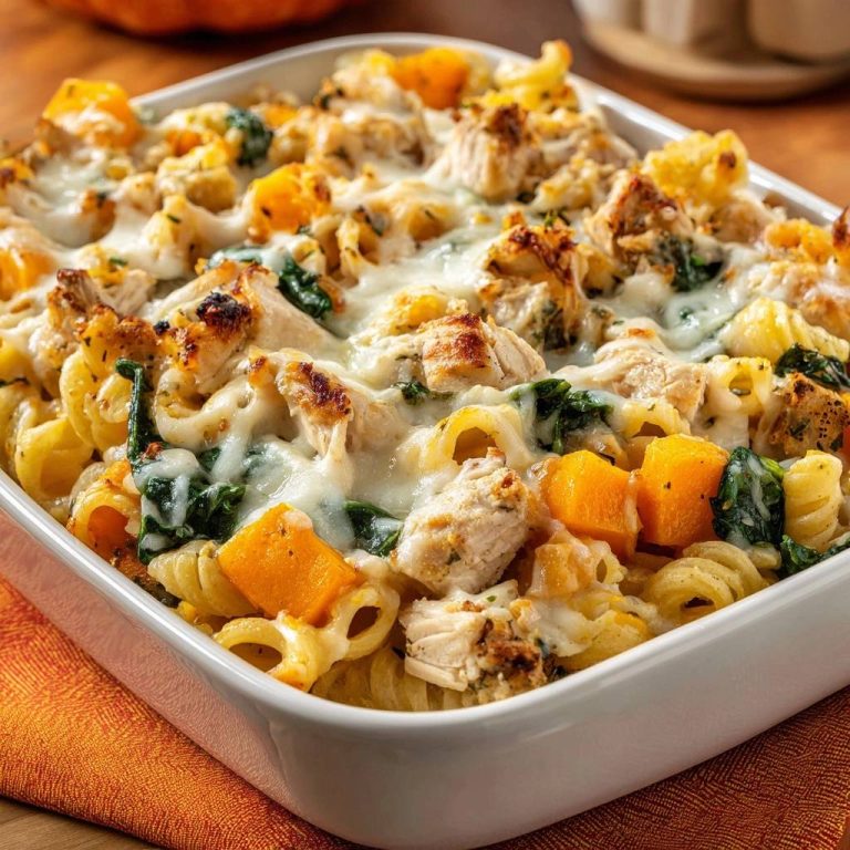 Cheesy butternut squash chicken pasta bake shown up close in a white baking dish, with melted cheese and visible ingredients.