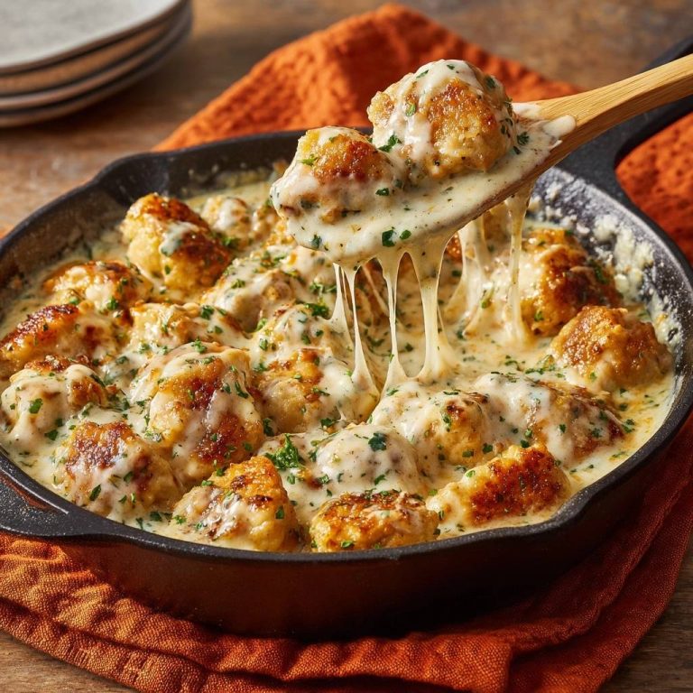 Skillet cheesy cauliflower nuggets with a spoonful showing a dramatic cheese pull in a cast iron pan.