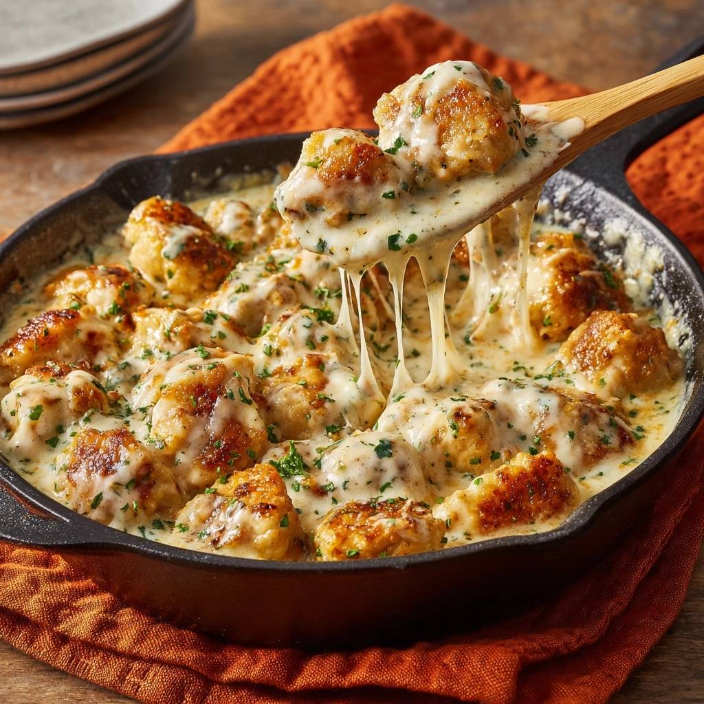Skillet cheesy cauliflower nuggets with a spoonful showing a dramatic cheese pull in a cast iron pan.