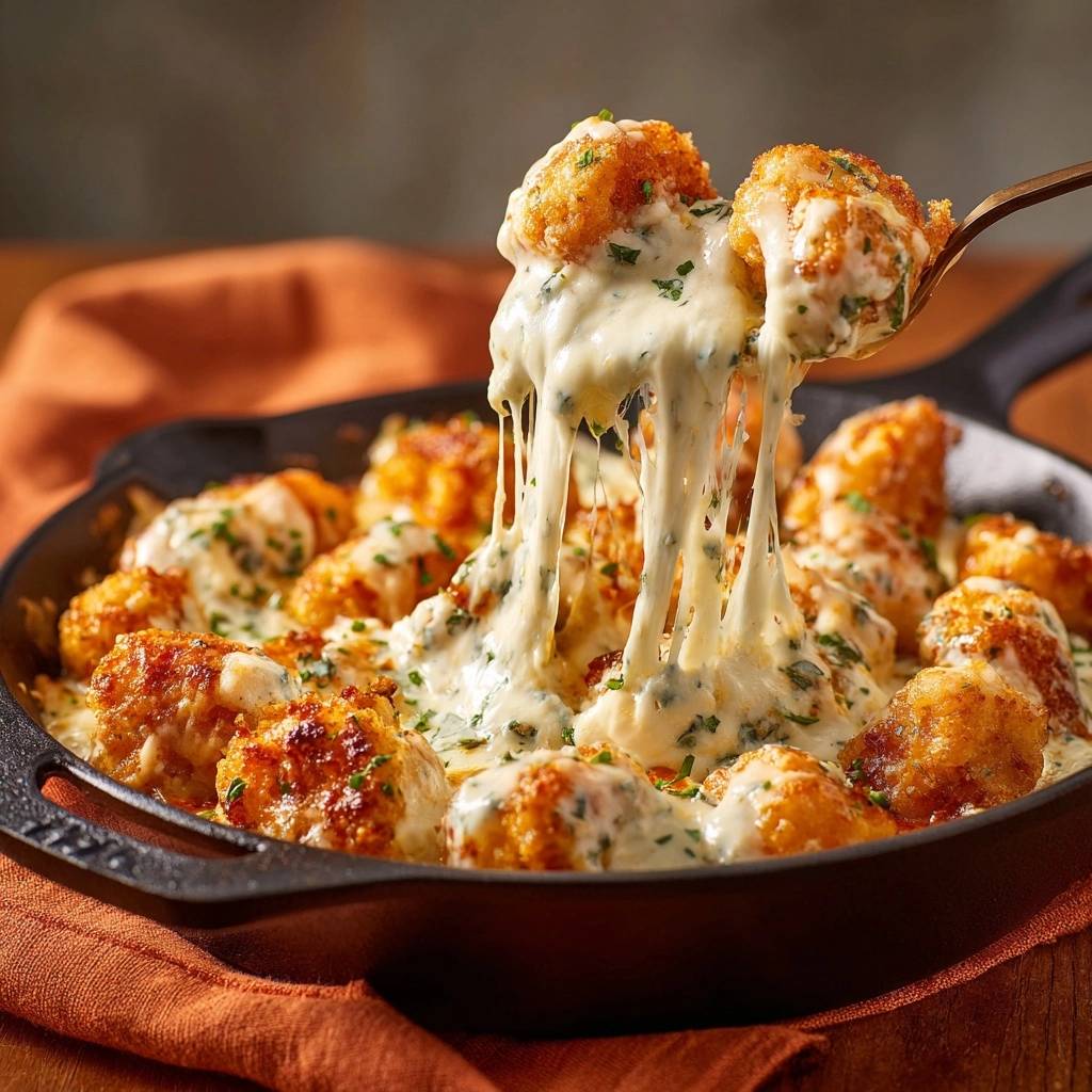 Skillet cheesy cauliflower nuggets with long strands of melted cheese being lifted on a spoon.