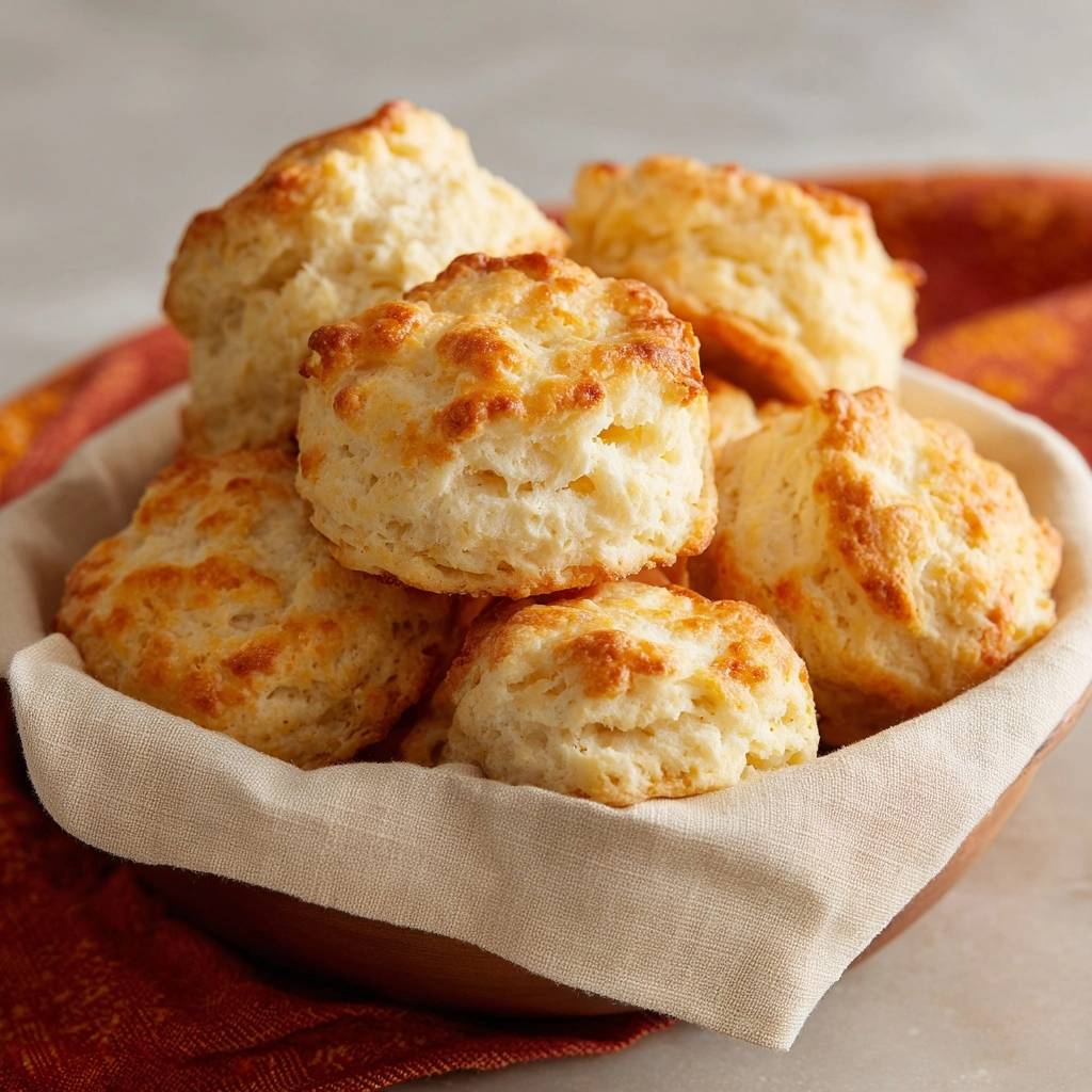 Cheesy cheddar biscuits with flaky layers piled high in a rustic basket lined with a cloth.