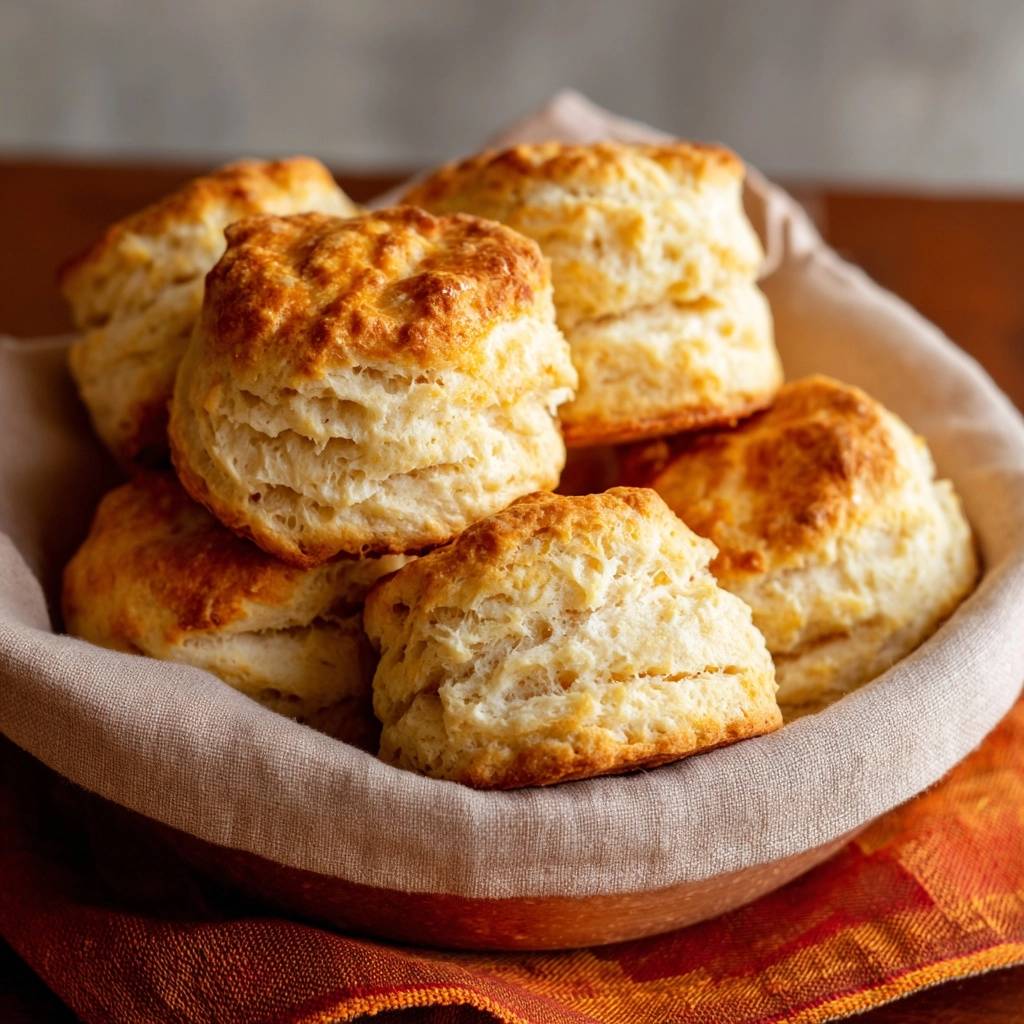 Cheesy cheddar biscuits with flaky layers, stacked invitingly in a rustic basket lined with cloth.