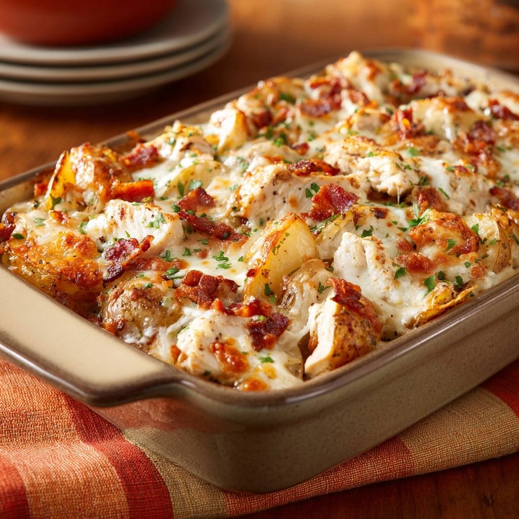 Cheesy chicken bacon potato casserole baked in a tan dish, topped with melted cheese and bacon bits.