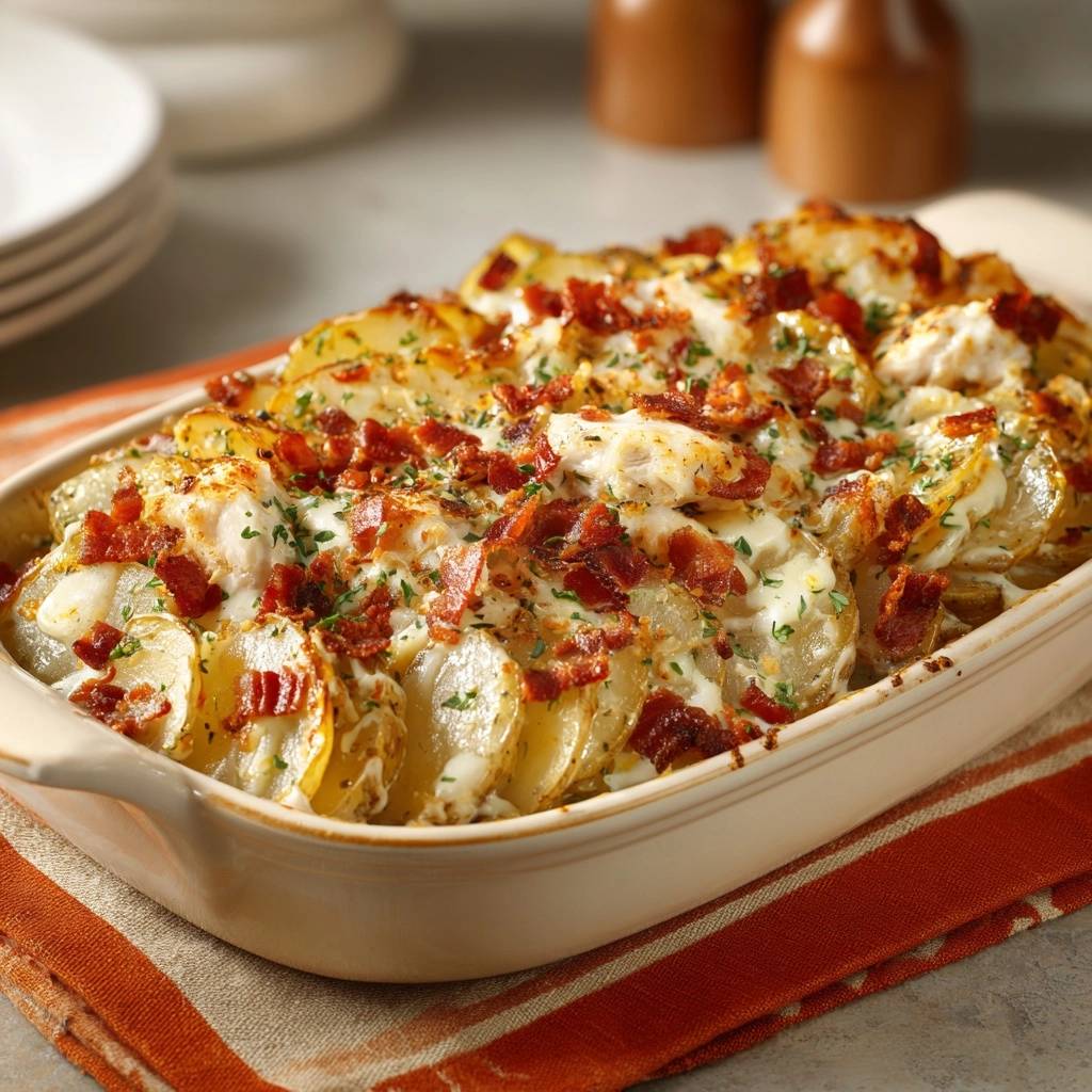 Cheesy chicken bacon potato casserole with a close-up view of the crispy bacon and melted cheese topping.
