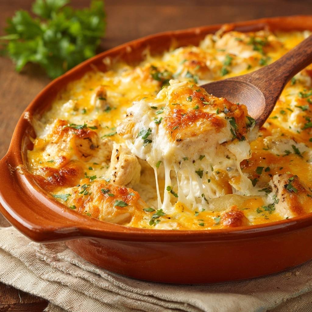 Cheesy chicken potato casserole with a spoonful of gooey cheese being lifted from the dish.
