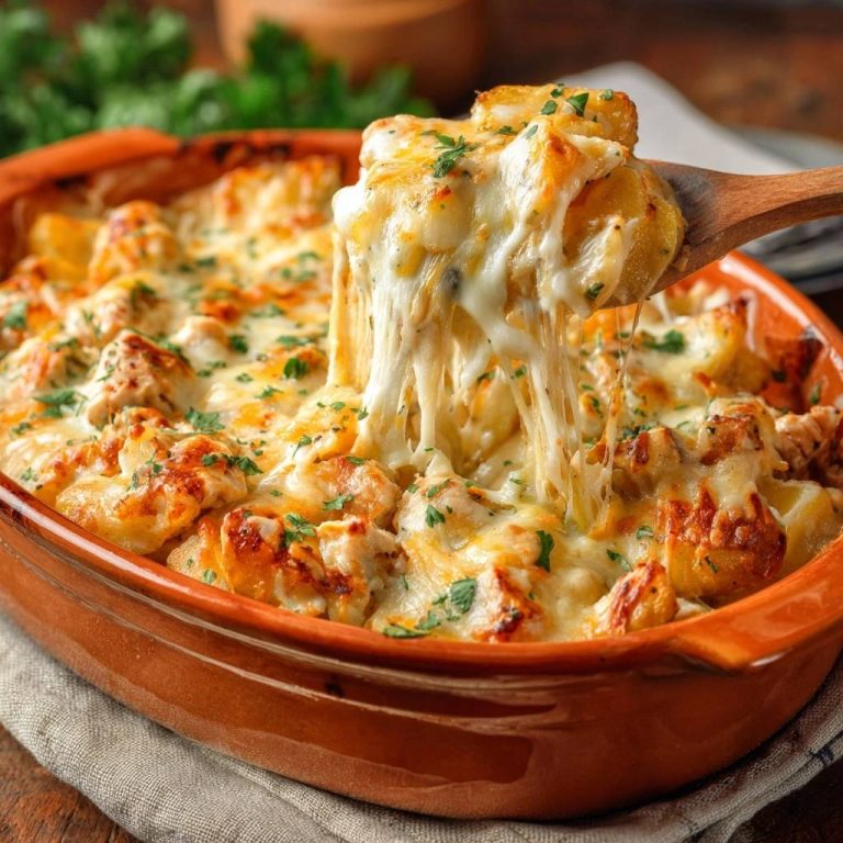 Cheesy chicken potato casserole with thick roux sauce, a spoonful showing melted cheese strings being pulled from the dish.