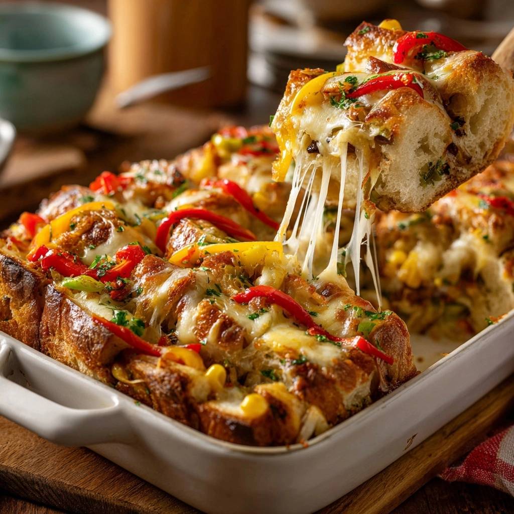 Cheesy corn pepper pull-apart bread with a generous cheese pull as a slice is lifted from the baking dish.