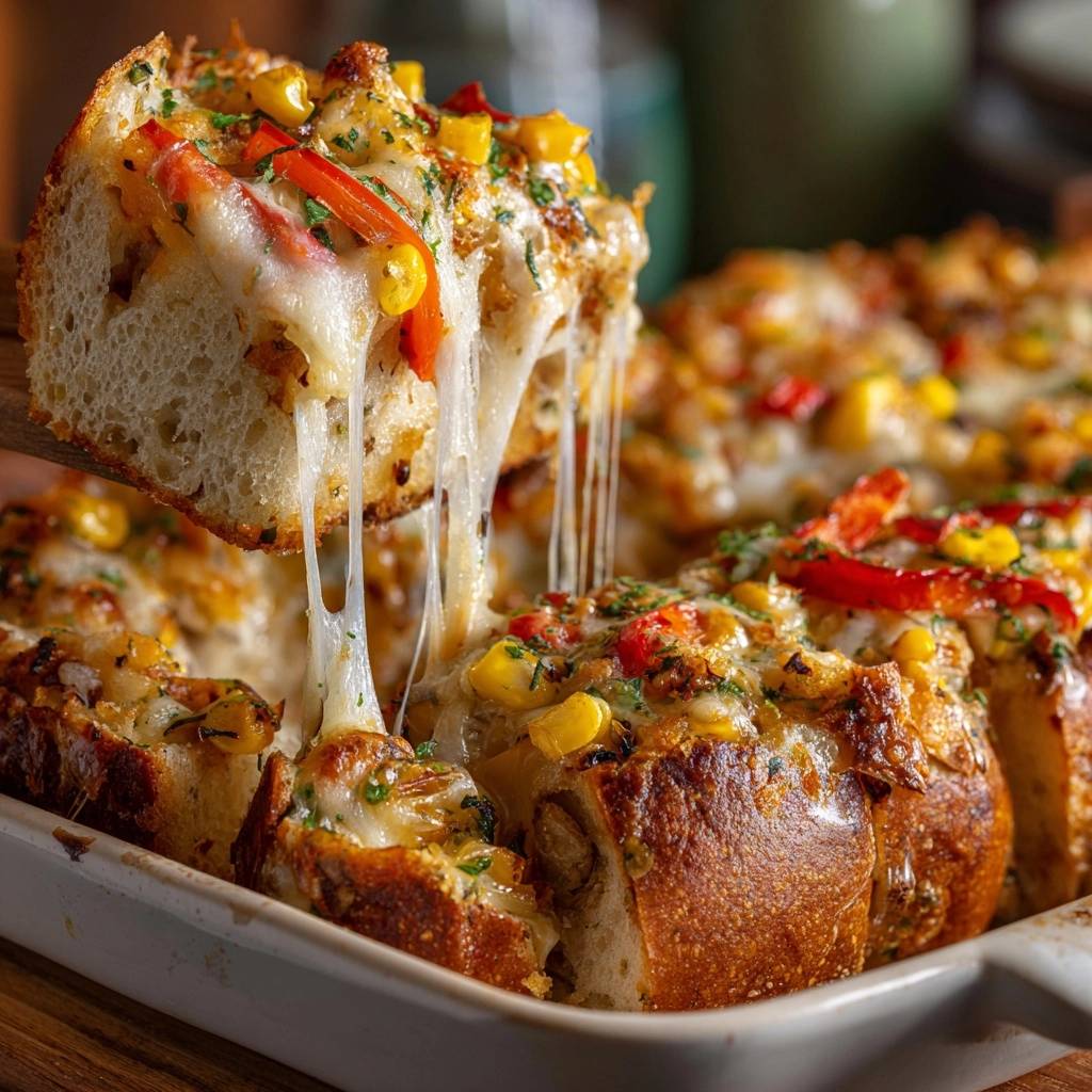 Cheesy corn pepper pull-apart bread with a generous cheese pull as a slice is lifted from the baking dish.