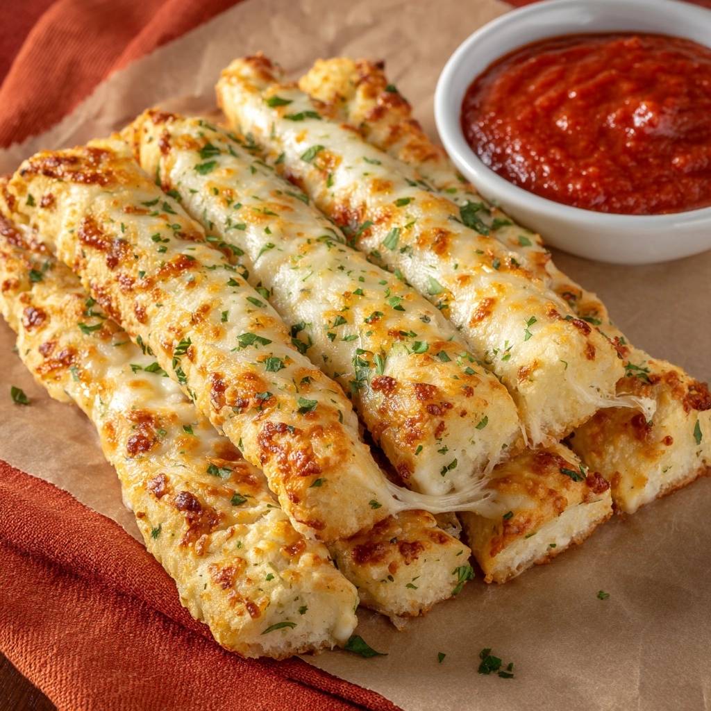 Cheesy garlic breadsticks showing a delicious melted cheese pull with a side of marinara sauce.
