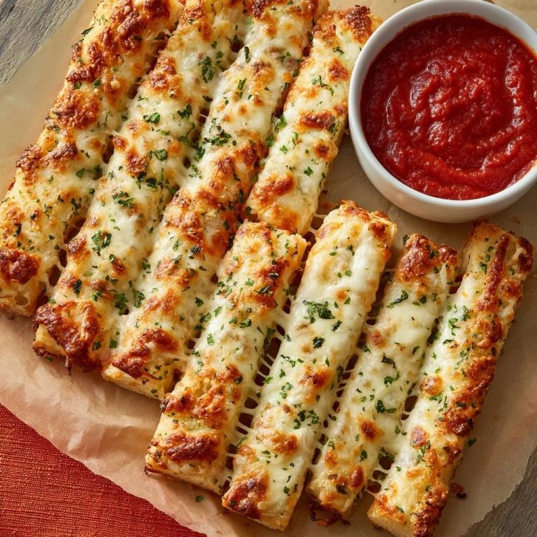 Cheesy garlic breadsticks with crispy edges, arranged with a side of marinara dipping sauce in a white bowl.