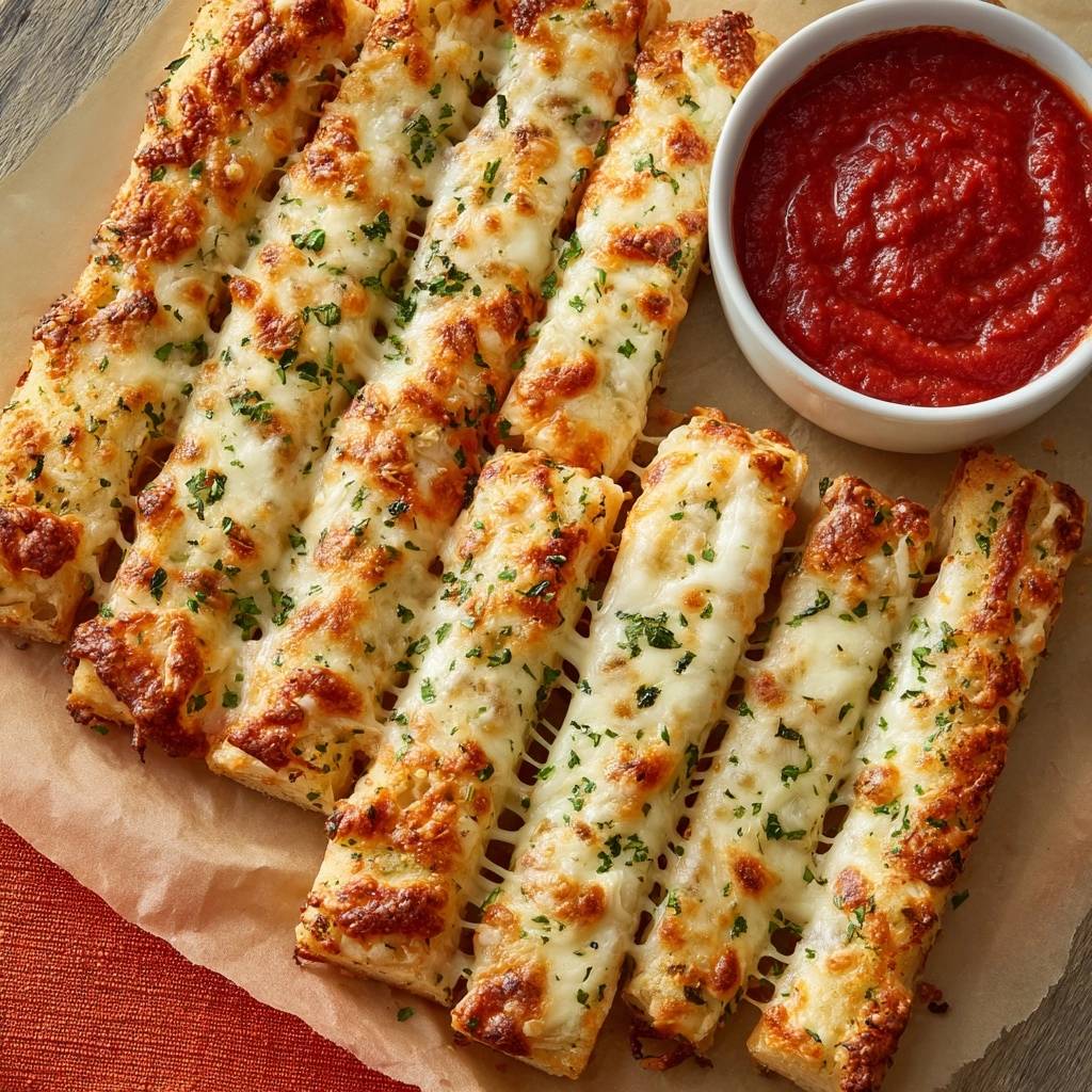 Cheesy garlic breadsticks with crispy edges, arranged with a side of marinara dipping sauce in a white bowl.