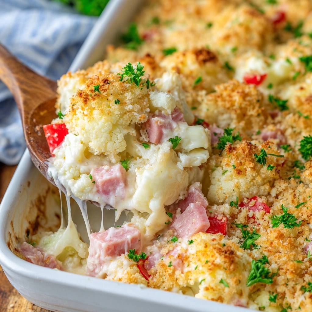 Cheesy ham cauliflower casserole being scooped with melted cheese strings, showing a close-up of the creamy interior and golden topping.