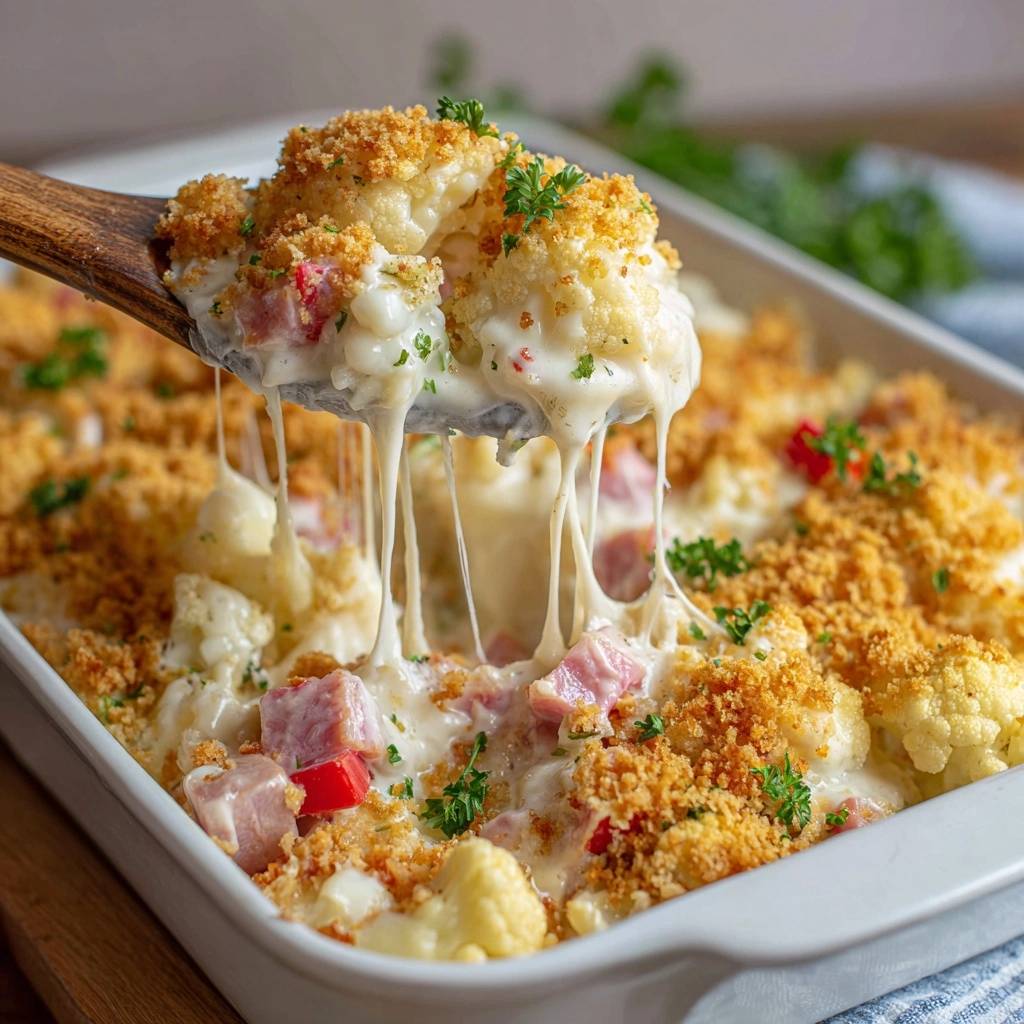 Cheesy ham cauliflower casserole being scooped with a wooden spoon, showing long strands of melted cheese.