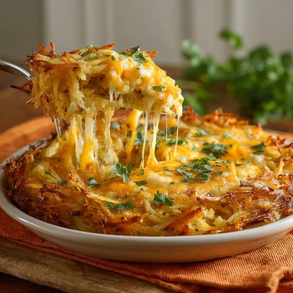 Cheesy hash brown casserole with a fork lifting a slice, showing gooey melted cheese strings.