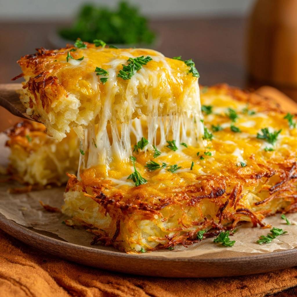 Cheesy hash brown casserole with a slice being pulled, showing melted cheese strings and crispy edges.