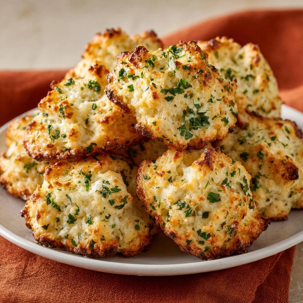 Cheesy parsley drop biscuits piled high on a white plate, showcasing their golden-brown tops and fluffy texture.