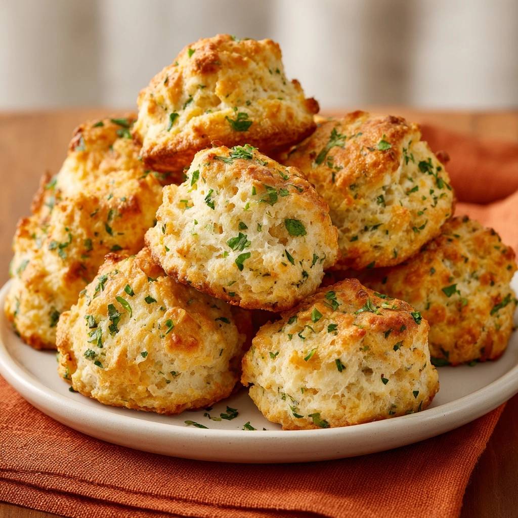 Cheesy parsley drop biscuits stacked on a white plate, showcasing their golden-brown tops and fluffy texture.