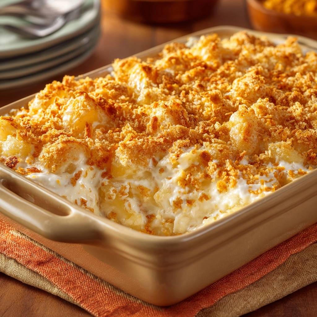 Cheesy potato casserole with crispy cornflake topping shown in a close-up view of the bubbling interior and golden crust.