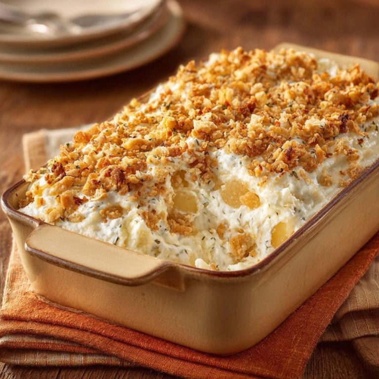 Cheesy potato casserole with crispy cornflake topping shown in a close-up view highlighting its golden, crumbly topping.