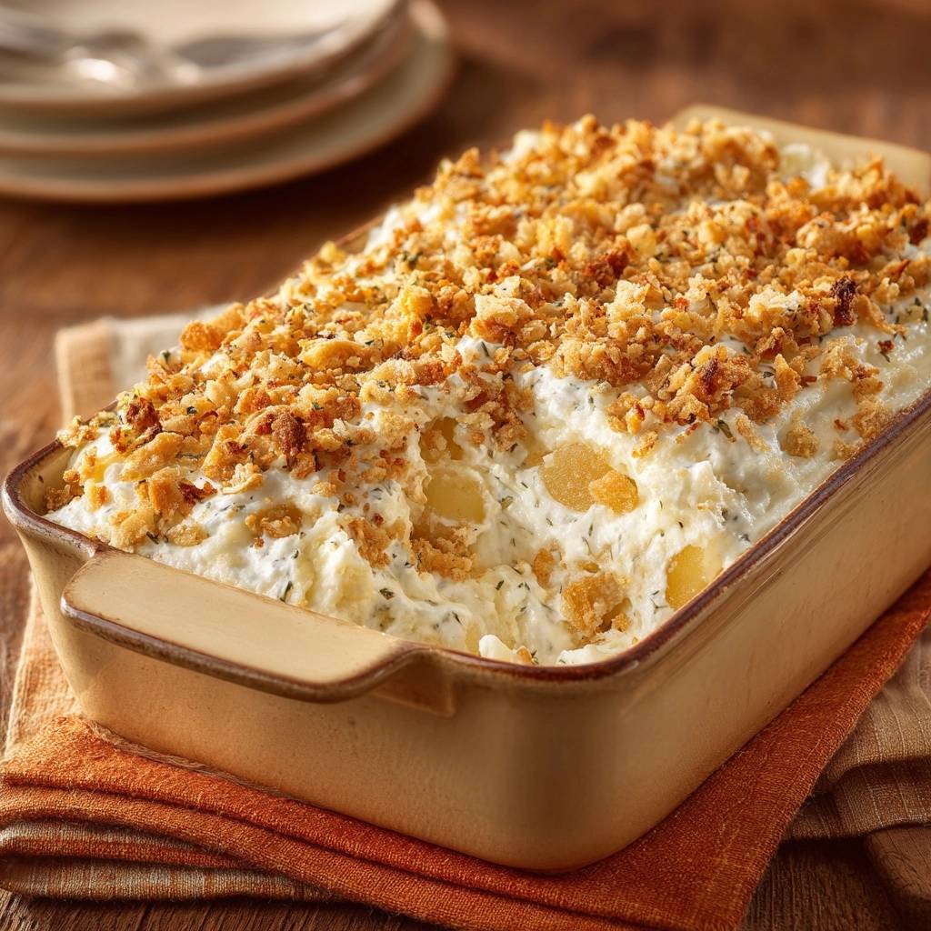 Cheesy potato casserole with crispy cornflake topping shown in a close-up view highlighting its golden, crumbly topping.