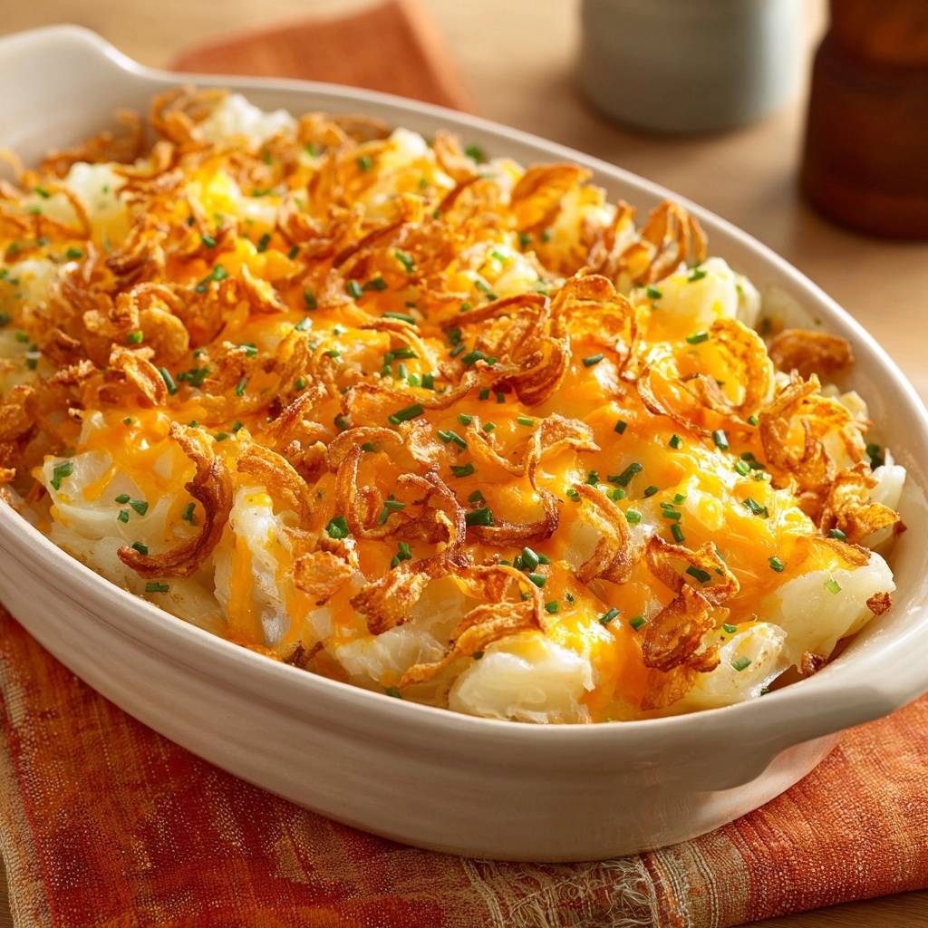 Cheesy potato casserole with a golden fried onion topping and fresh chives, presented in a white baking dish.