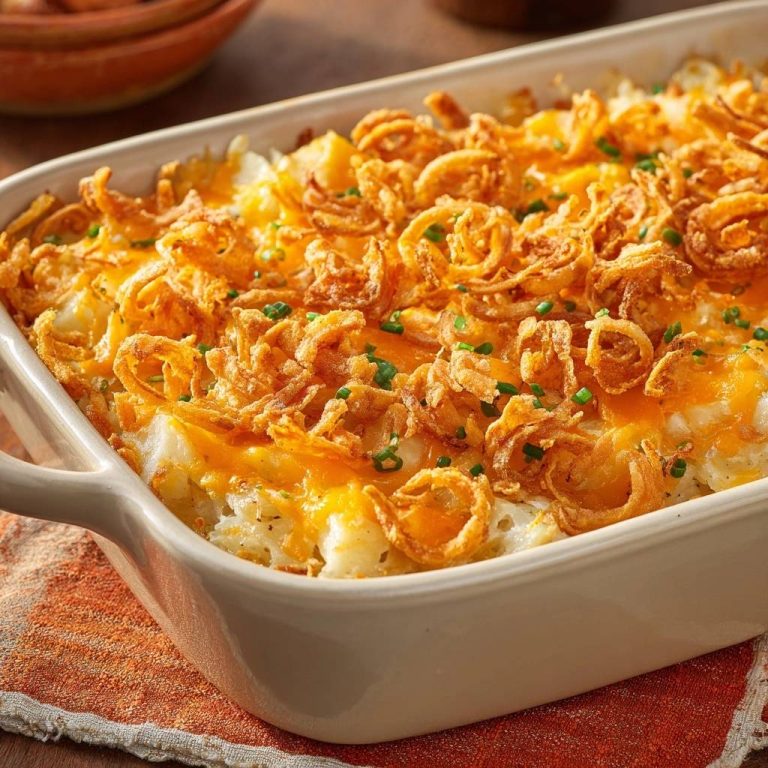 Cheesy potato casserole with a generous topping of golden fried onions and fresh chives, presented in a white baking dish.