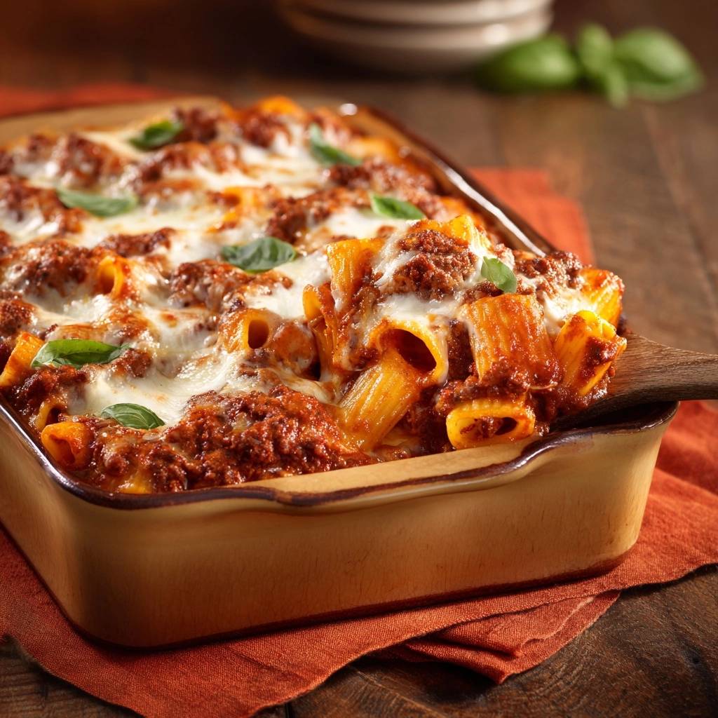 Cheesy rigatoni bake with a scoop being lifted, showing layers of pasta, meat sauce, and melted mozzarella cheese.