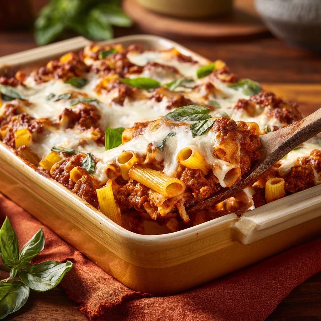 Cheesy rigatoni bake with a spoonful being lifted, showing melted mozzarella and rich meat sauce.
