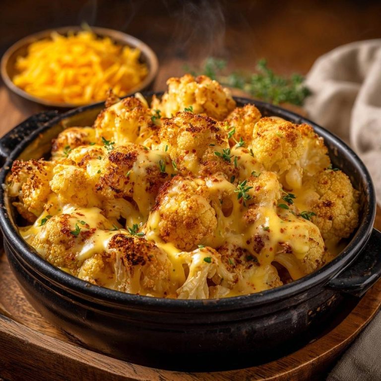 Cheesy roasted cauliflower gratin served steaming hot in a black baking dish, garnished with fresh herbs.