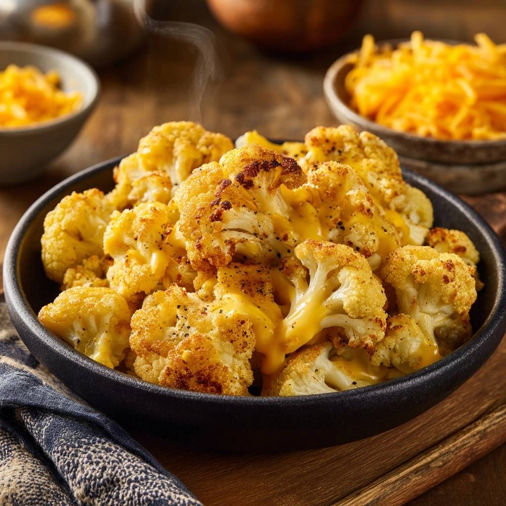 Cheesy roasted cauliflower gratin steaming in a black bowl, topped with melted cheese and black pepper.