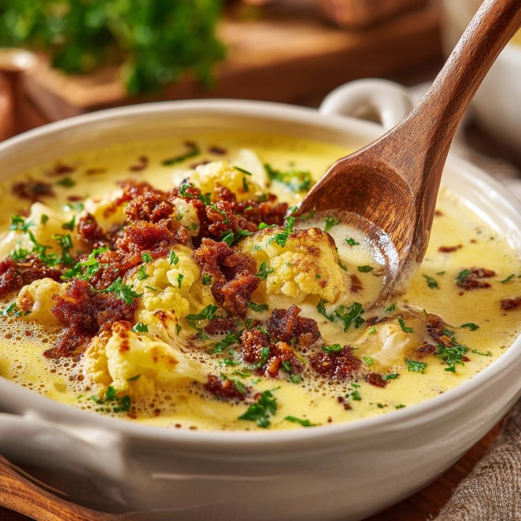 Cheesy sausage soup with cauliflower florets and bacon bits, a wooden spoon lifting a creamy spoonful.