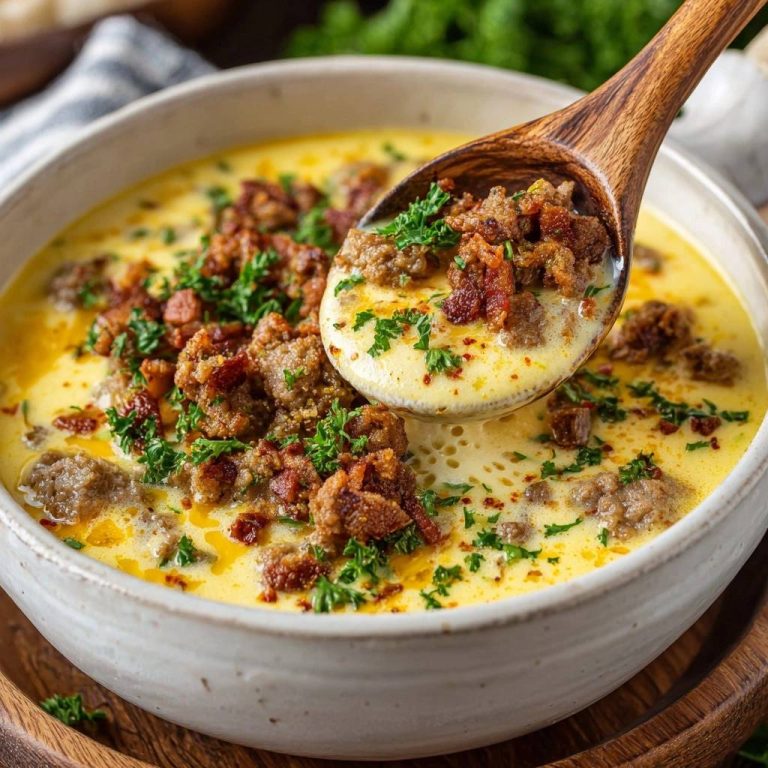 Cheesy sausage soup with a wooden spoon lifting a creamy spoonful, garnished with parsley.