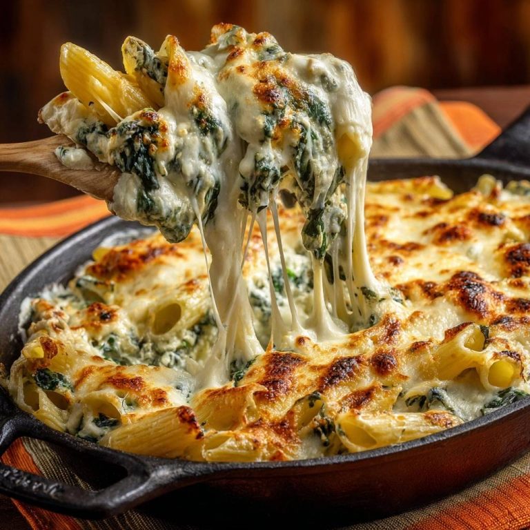 Cheesy skillet spinach rigatoni with a large portion being lifted out, showing a gooey cheese pull.