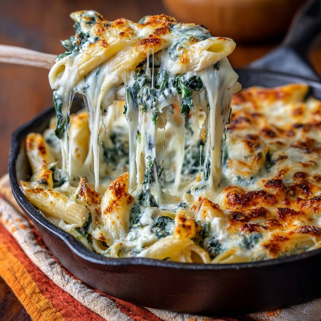 Cheesy skillet spinach rigatoni with a generous gooey cheese pull being lifted from the pan.
