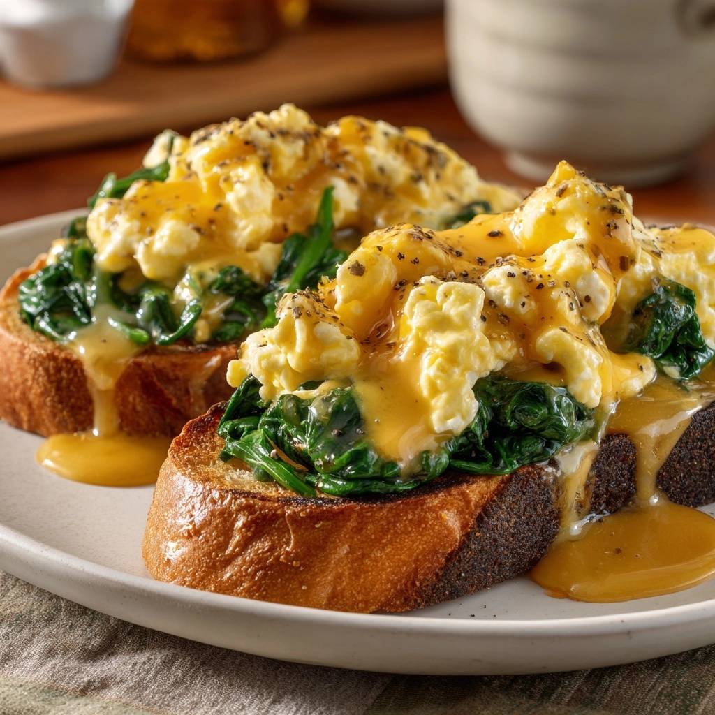 Cheesy spinach scrambled eggs on toast served plated, showing a close-up view of the fluffy eggs and wilted spinach.