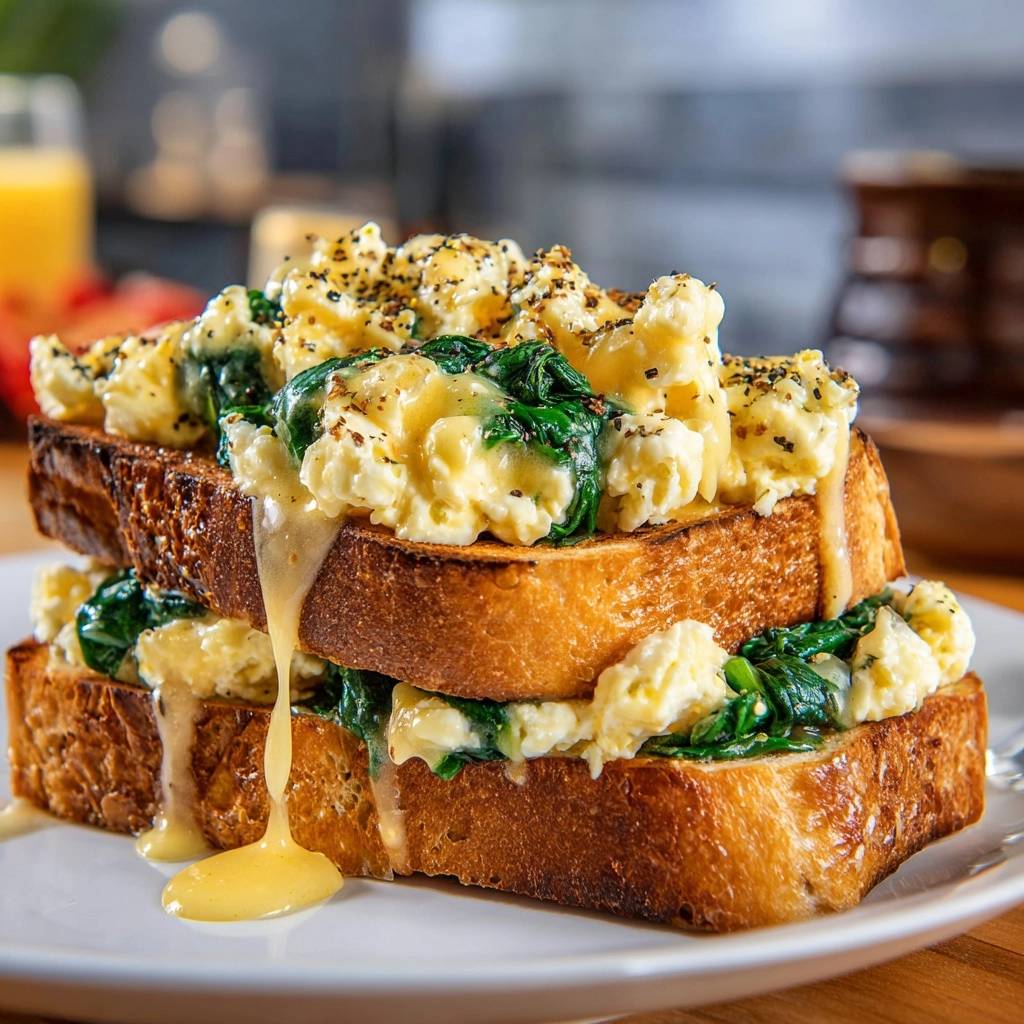Cheesy spinach scrambled eggs on toast, showcasing a decadent drip of hollandaise sauce cascading down the stacked slices.