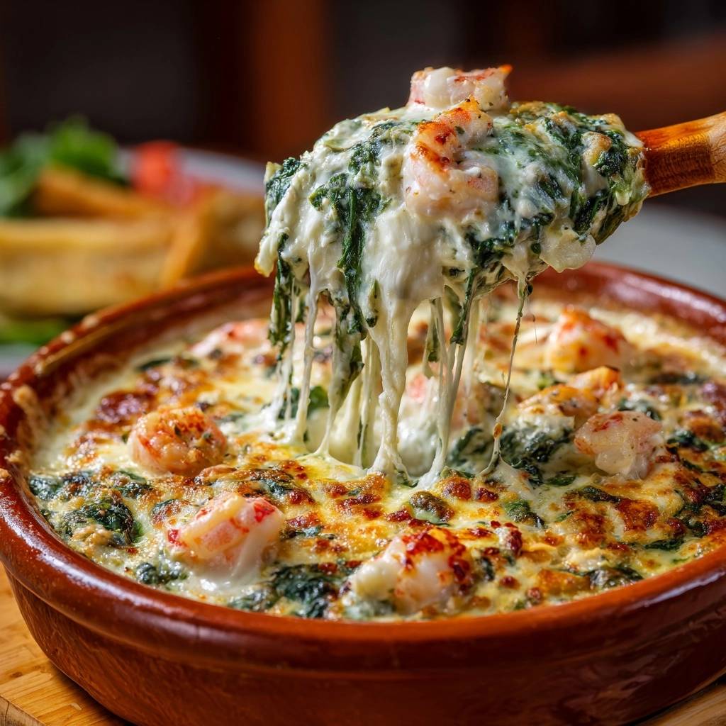 Cheesy spinach shrimp dip with a gooey cheese pull, showing tender shrimp and melted cheese.
