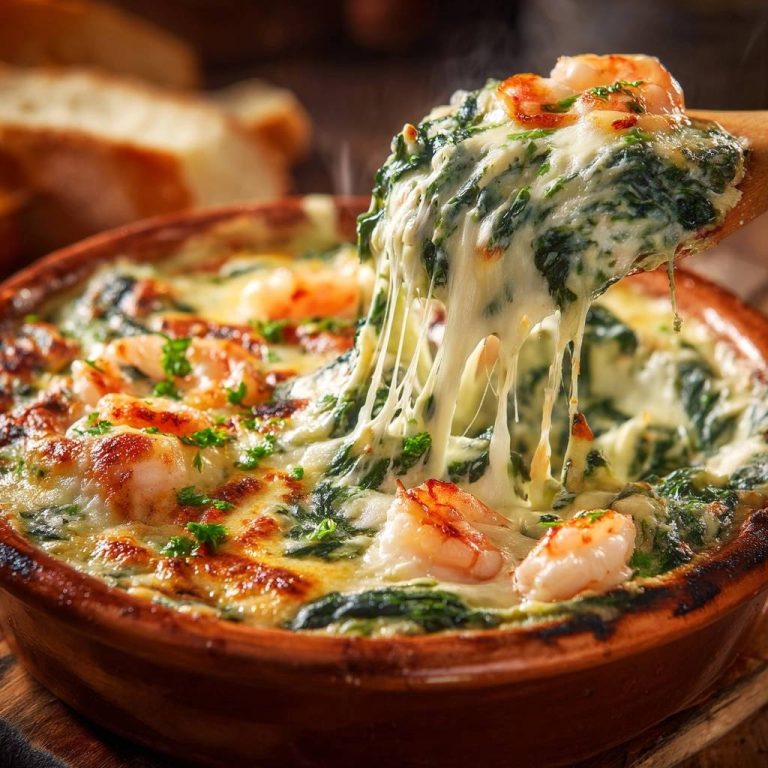 Cheesy spinach shrimp dip with a gooey cheese pull, showcasing tender shrimp and fresh spinach in a rustic dish.