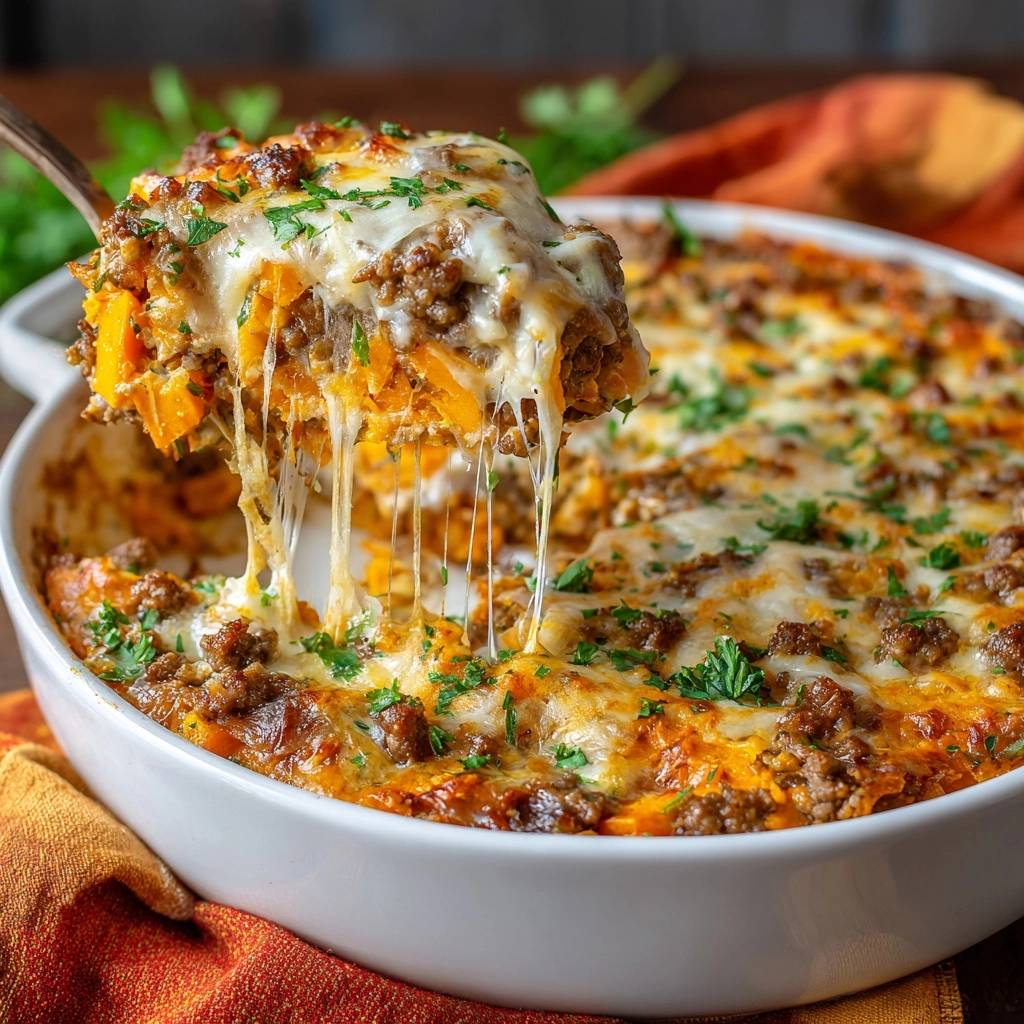 Cheesy sweet potato beef bake shown as a lifted slice with long strands of melted cheese being pulled.