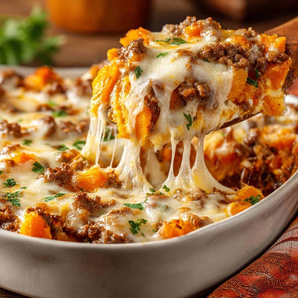 Cheesy sweet potato beef bake with a generous gooey cheese pull, captured as a serving is lifted from the dish.