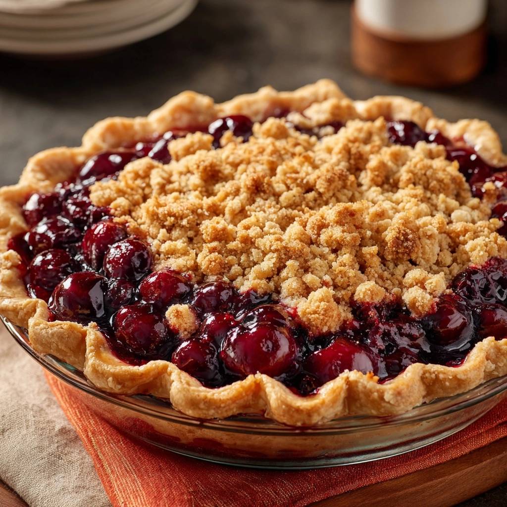 Cherry crumb pie with a close-up view of the golden crumble topping and juicy cherry filling.