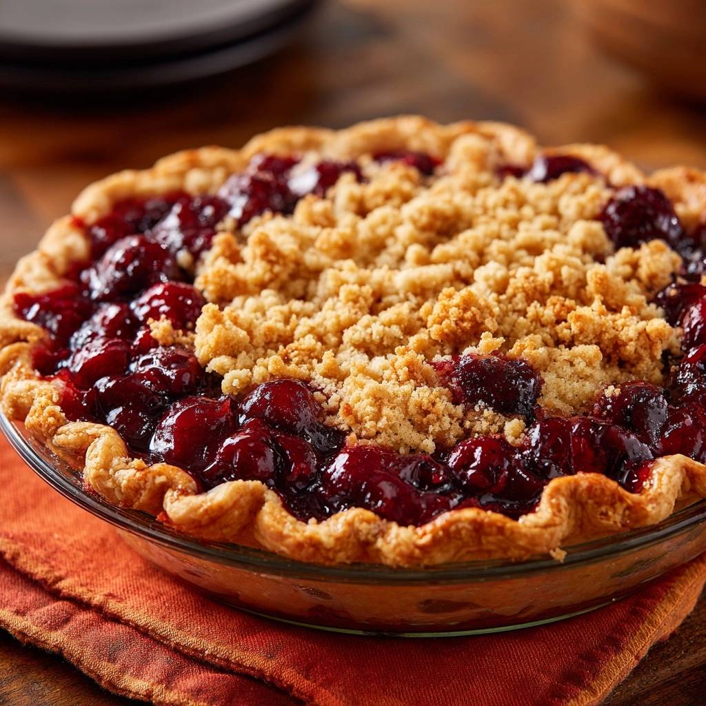 Cherry crumb pie with a golden crumble topping and glistening cherry filling, shown up close.