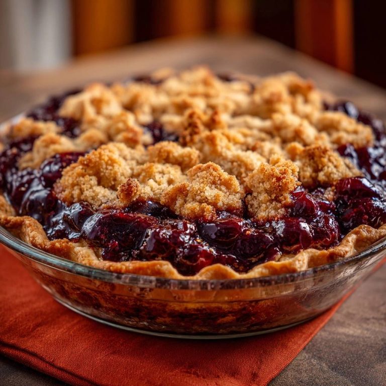 Cherry crumble pie with a never-runny filling, showcasing a close-up view of the golden brown crumble topping.