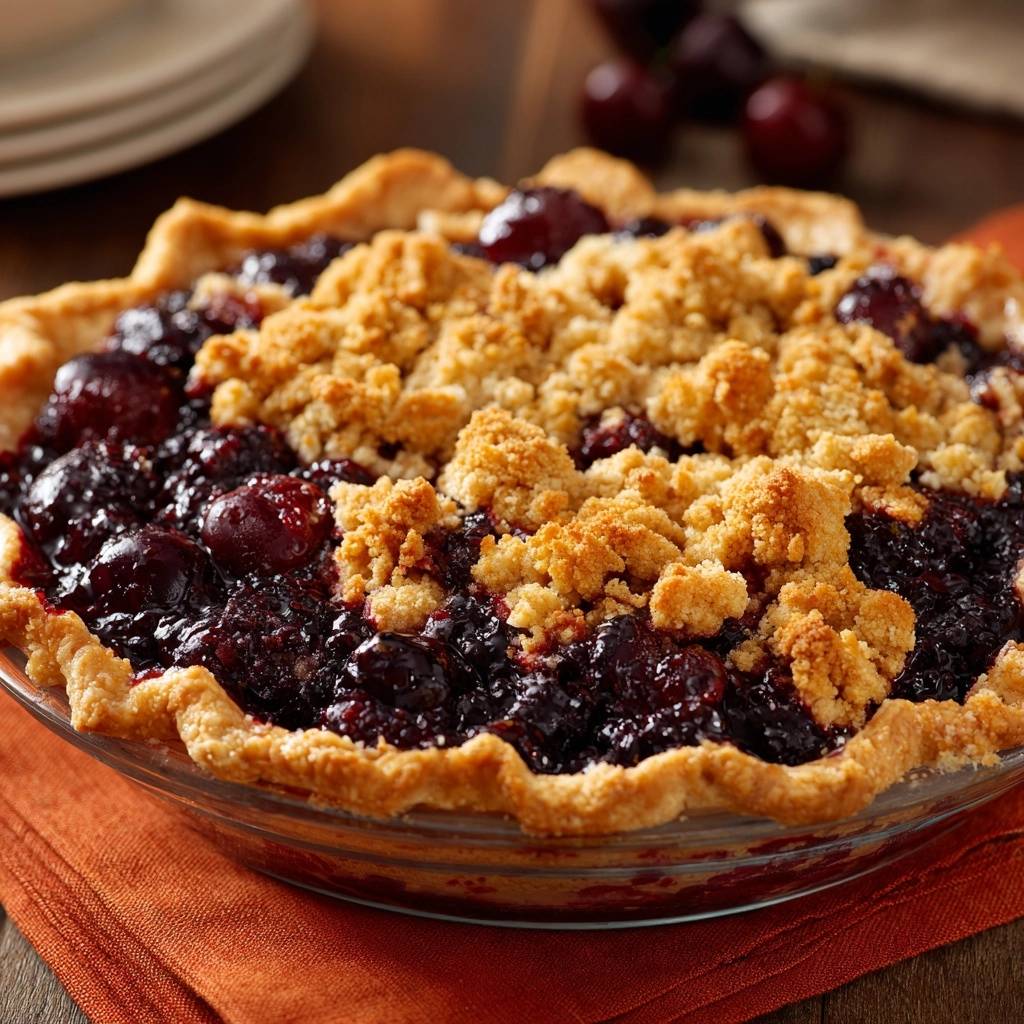Cherry crumble pie with a close-up view of the golden brown crumb topping and visible cherry filling.