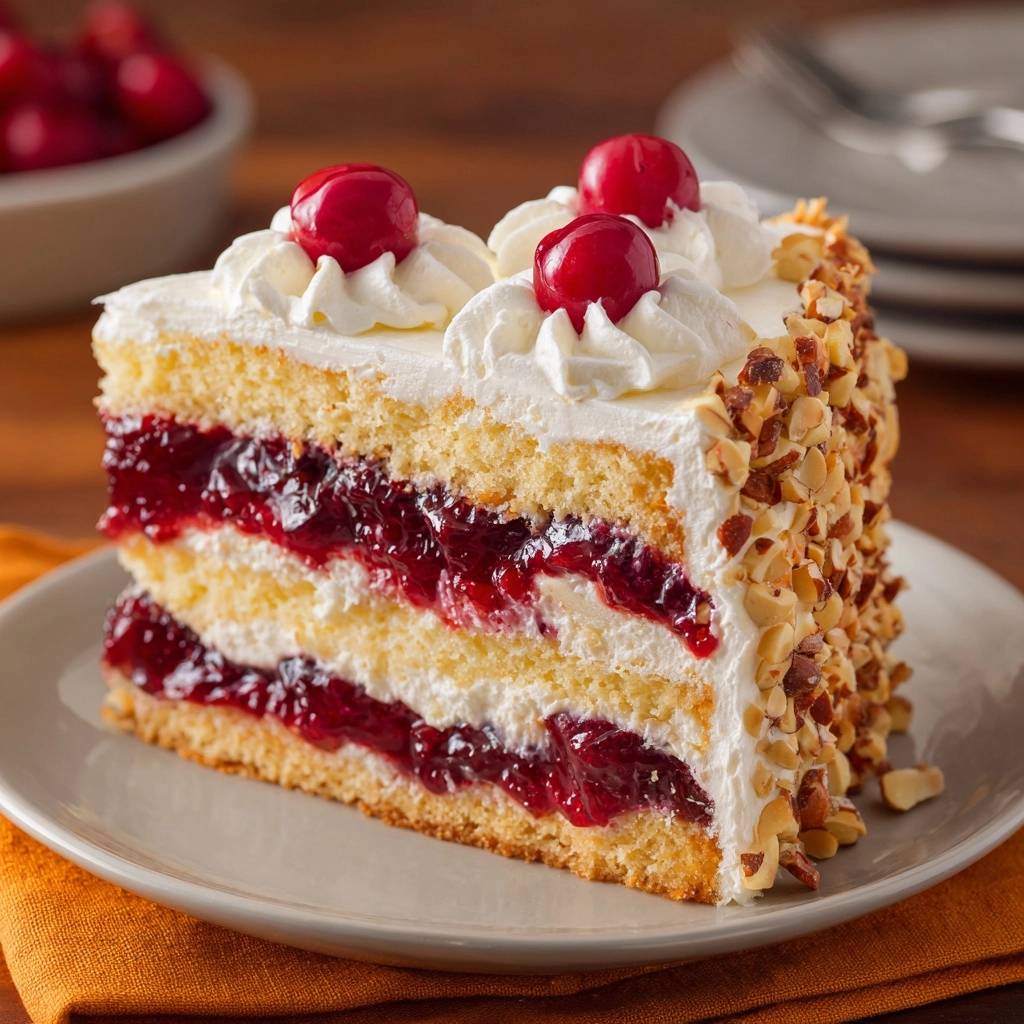 Cherry hazelnut whipped cream cake showing a cross-section with layers of cake, cream, and cherry filling.