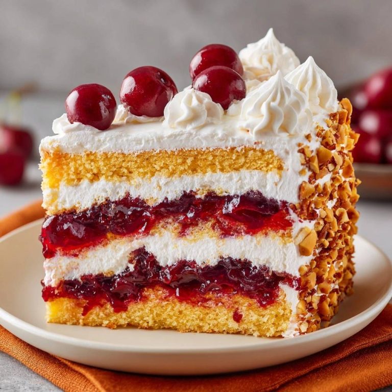 Cherry hazelnut whipped cream cake shown in a close-up cross-section revealing layers of cake, whipped cream, and cherry filling.