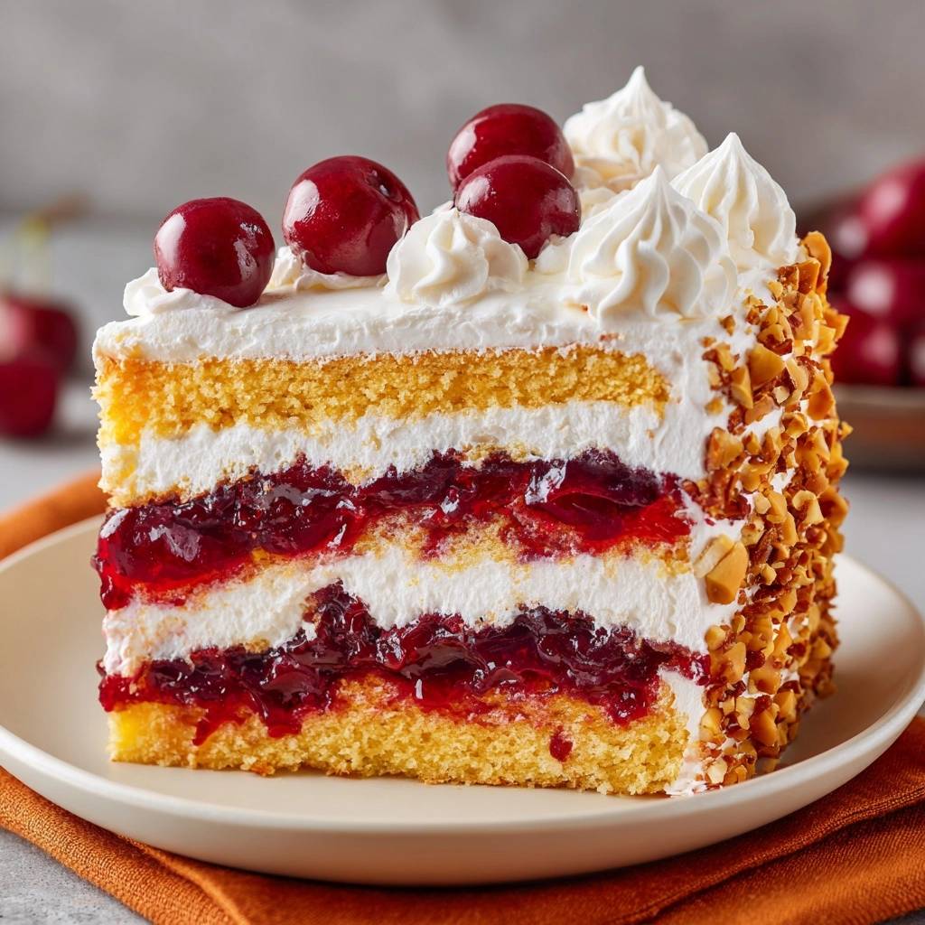 Cherry hazelnut whipped cream cake shown in a close-up cross-section revealing layers of cake, whipped cream, and cherry filling.