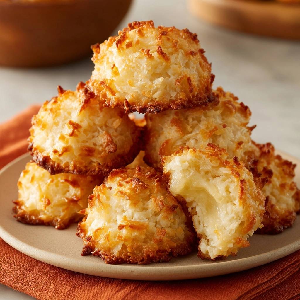 Chewy coconut macaroons with a close-up view showing the soft interior and golden-brown toasted coconut exterior.