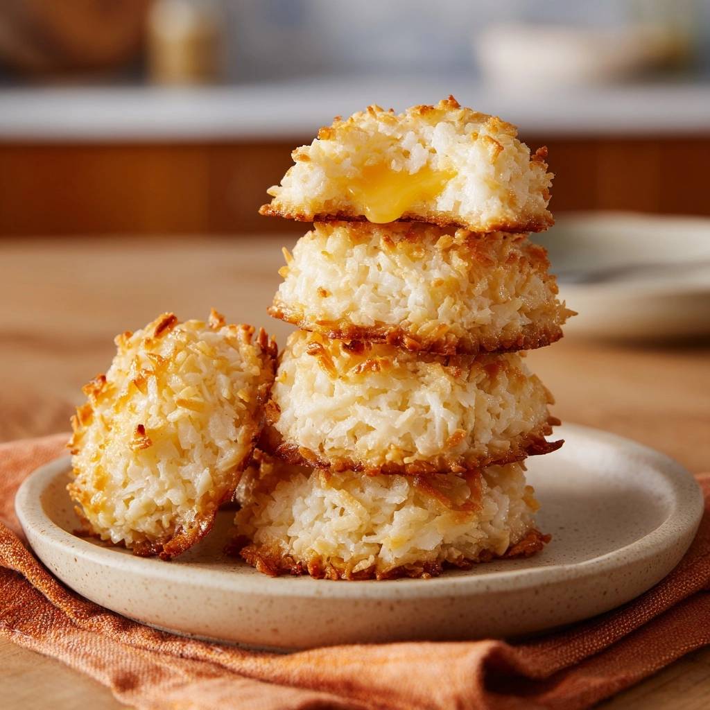 Chewy coconut macaroons stacked on a plate, with a close-up view revealing the gooey yellow filling inside.
